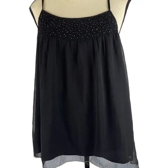 Lucky brand black silver flowy sheer smocked camisole w/gold trim hem sz M - Picture 7 of 16